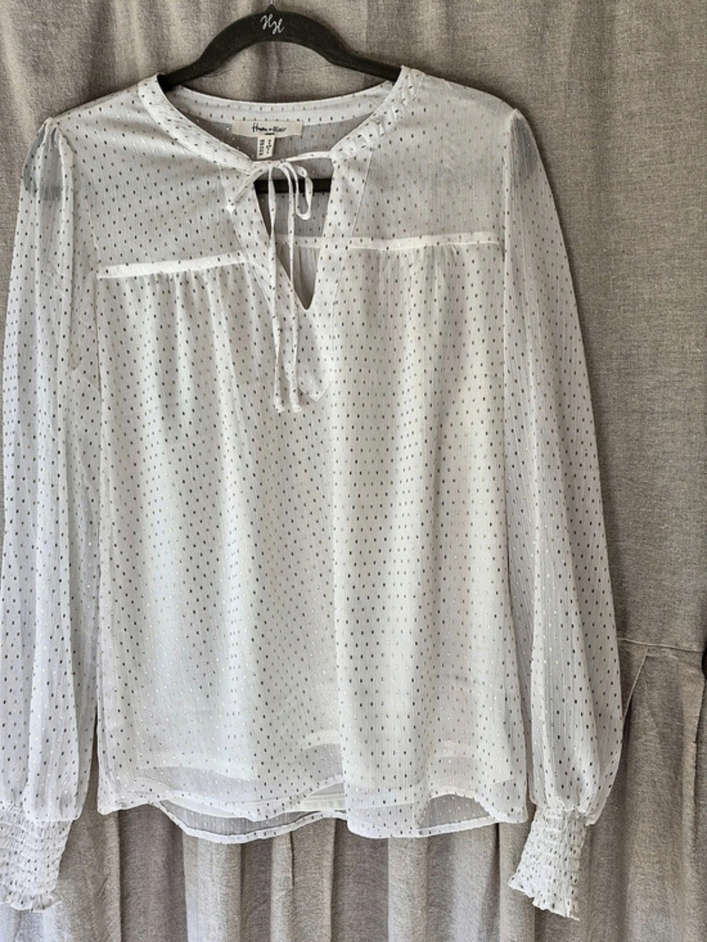 Haven + Blair Polka Dot Tie Neck Blouse in White Size Small